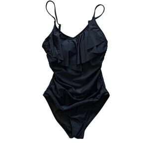 Black One Piece Swimsuit, Ruffle Top, Tummy Control, Size M